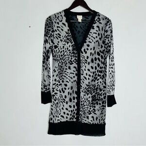 Chicos Size Small (0) Long Line Nylon Cardigan Animal Print Grey Black